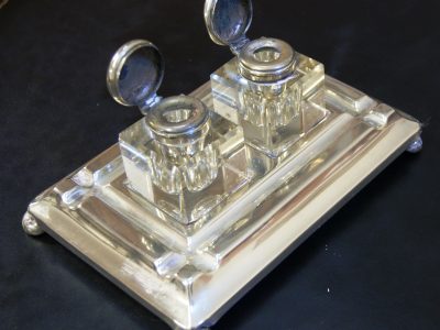 Product Categories Antique Desk Sets, Ink-Wells, Boxes & Desk 'Art Deco', Silver Plated Desk Tidy with Twin Inkwell's - Product Categories Antique Desk Sets, Ink-Wells, Boxes & Desk